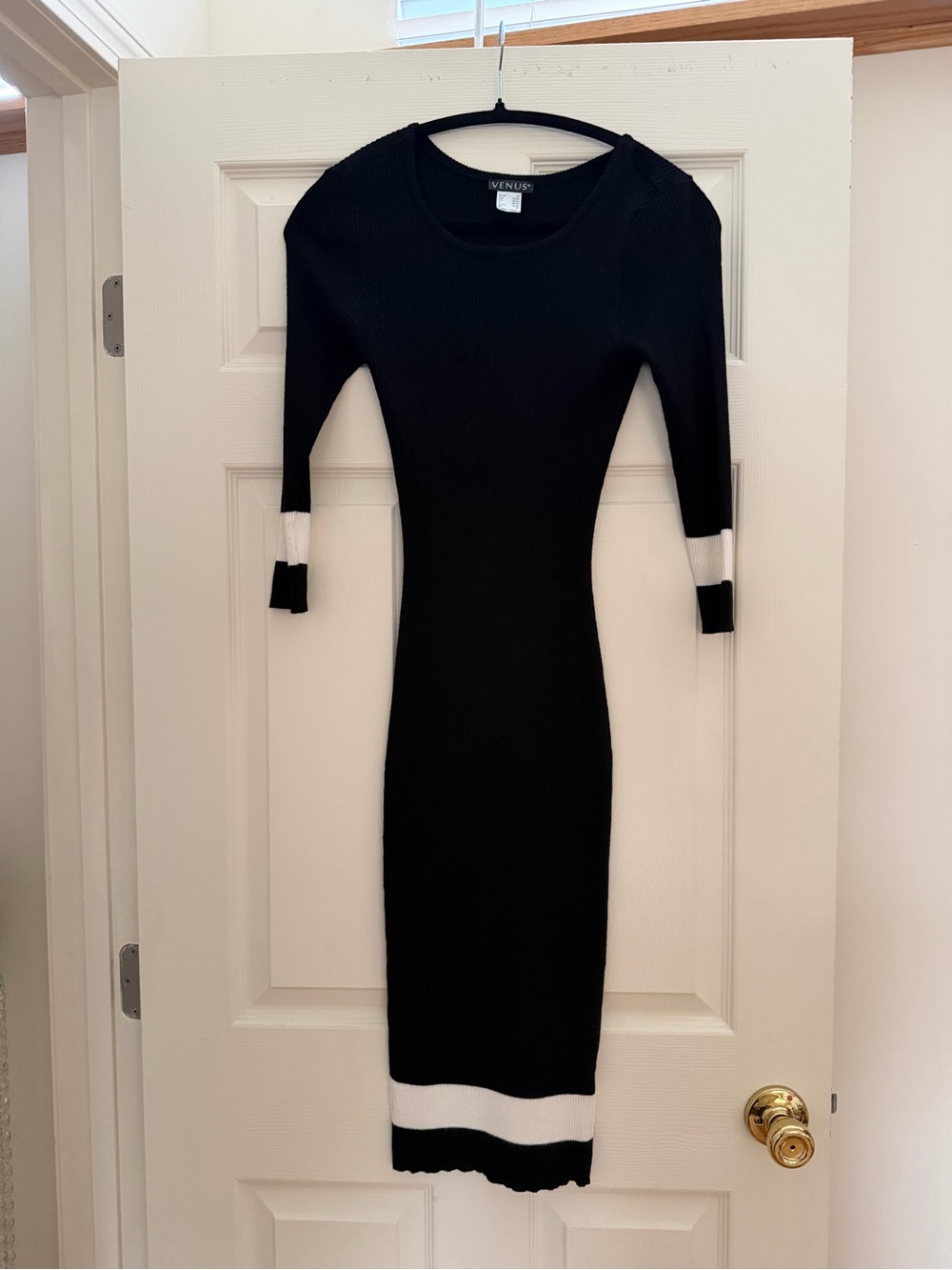 VENUS Black Midi Dress with White Sleeve and Hem Bands - Picture 4 of 4